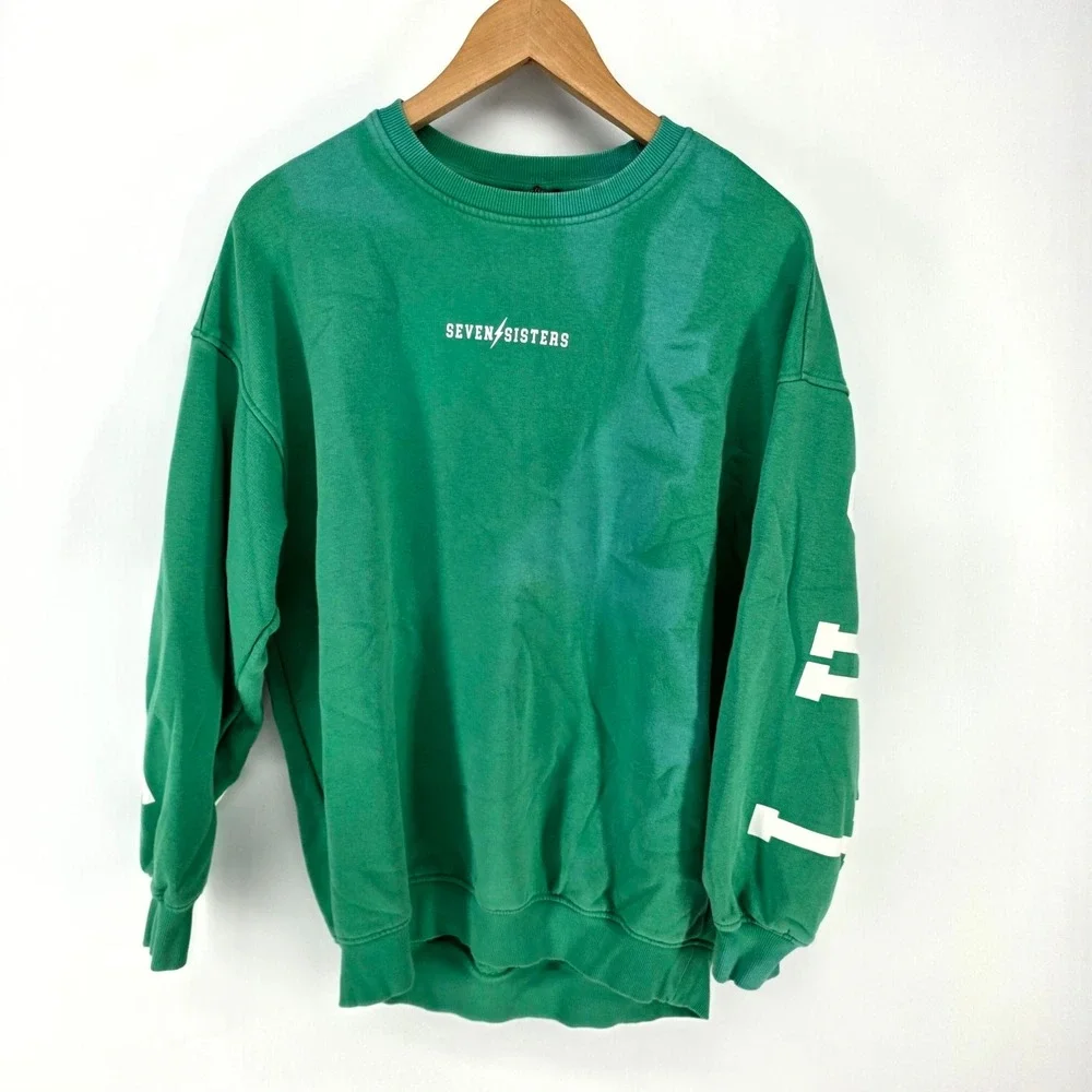 Seven Sisters Sweatshirt S Green Oversized Graphic Crewneck Pullover Streetwear
